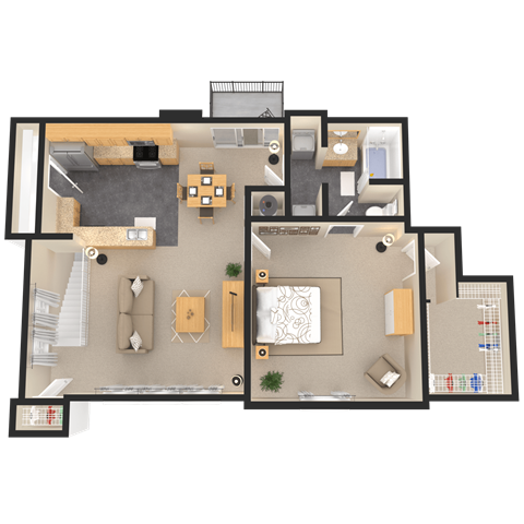 A top-down view of a house layout with a living room, kitchen, and bathroom.